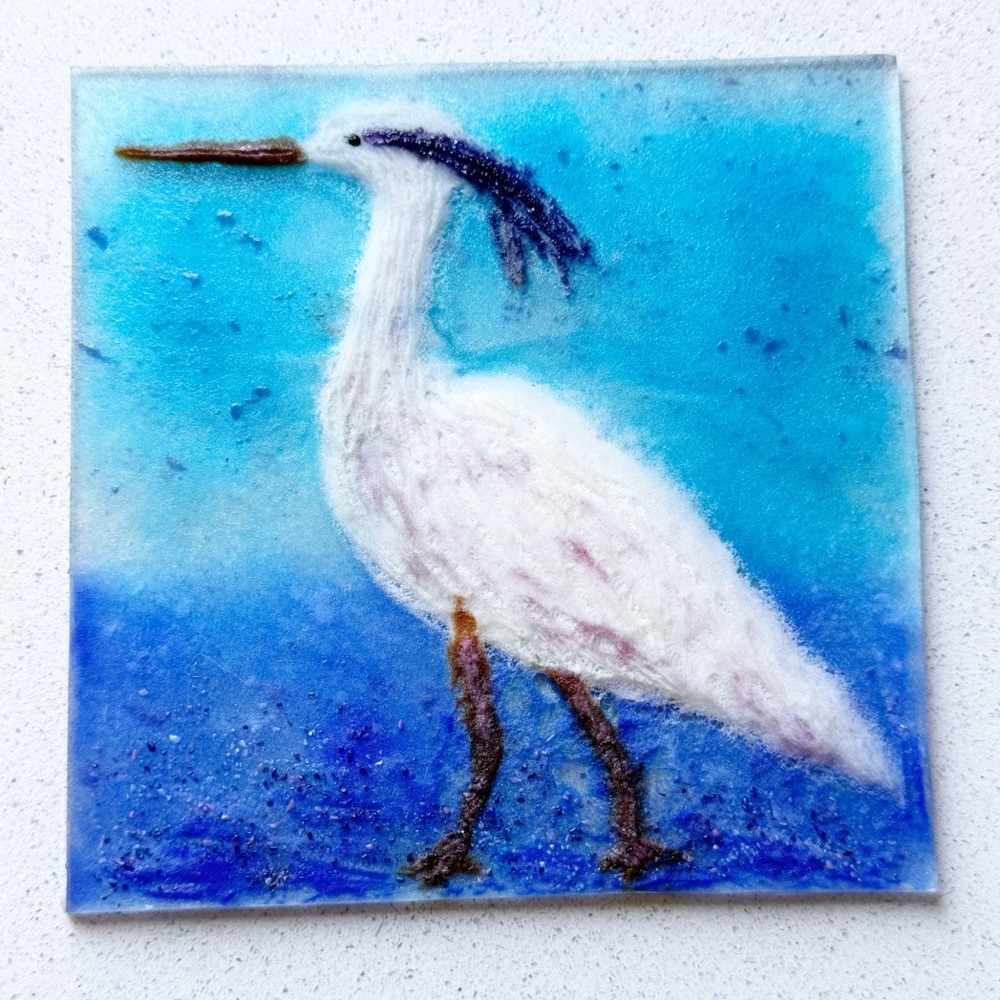 Heron Crane Iridescent Studio Art Glass Tile Raised Glass Beach Ocean